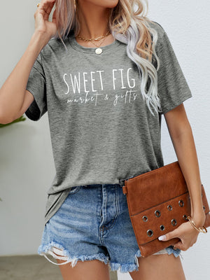 Heather Gray graphic tee with "Sweet Fig market & gifts" text, crew neck, short sleeves.