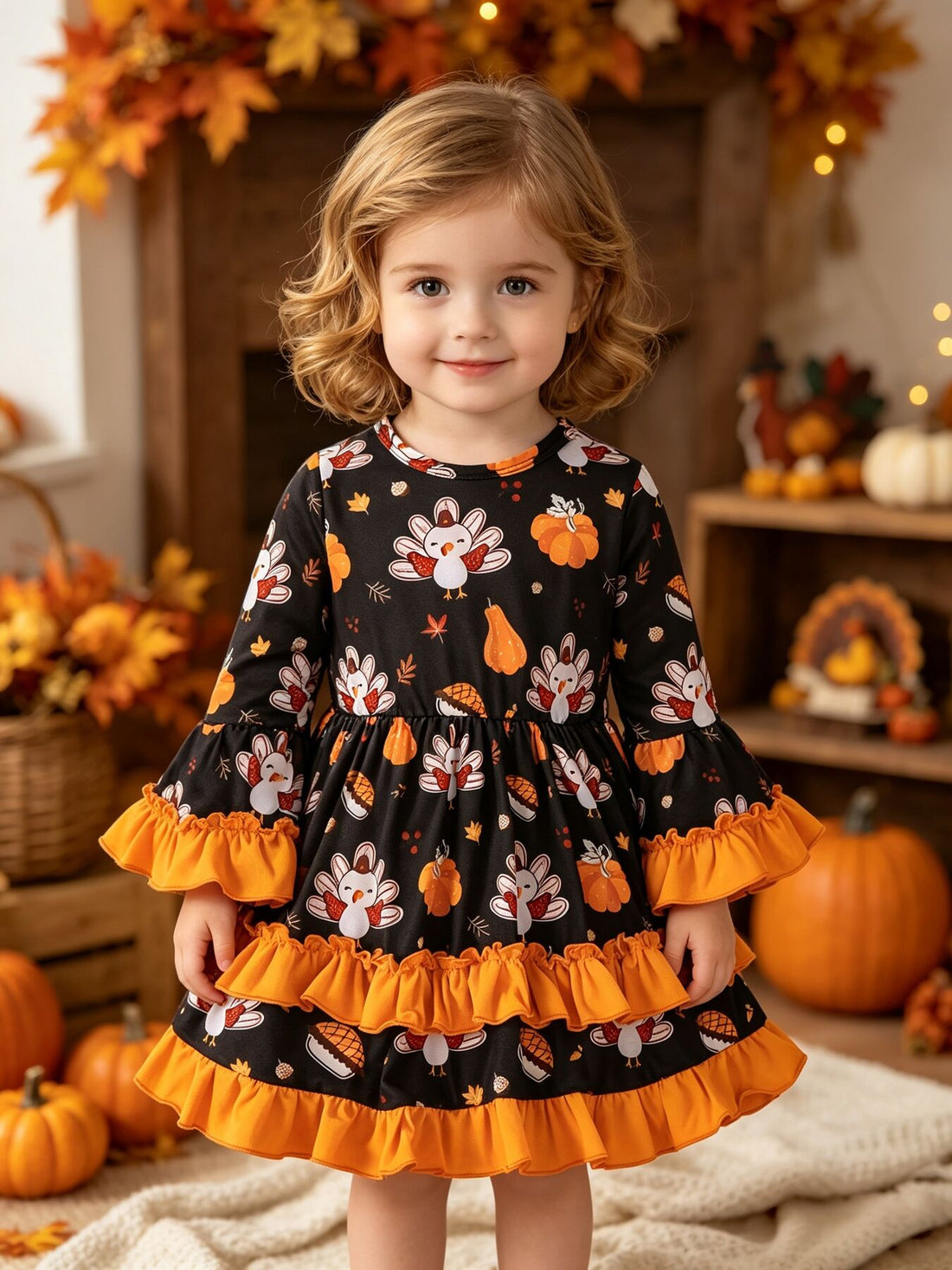 black fit-and-flare dress with turkey print and round neck