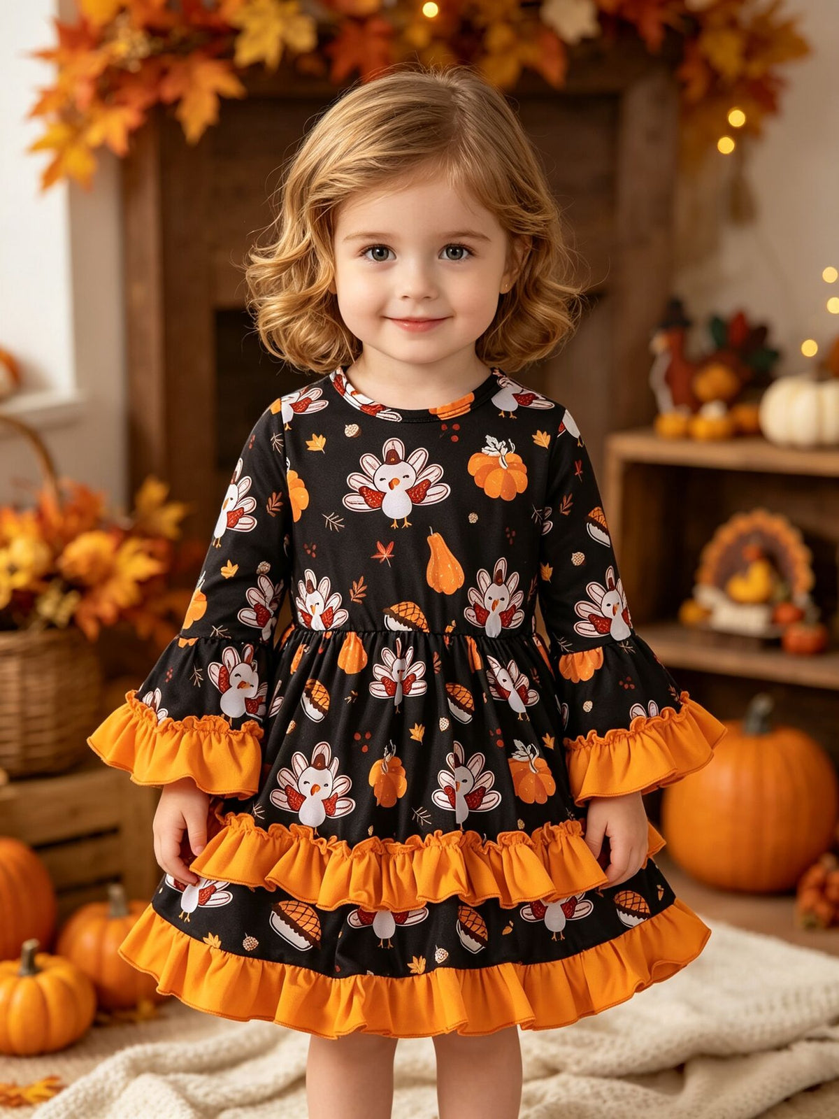 black fit-and-flare dress with turkey print and round neck