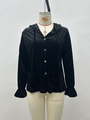 Full Size Velvet Button-Down Hooded Jacket in Black with buttoned