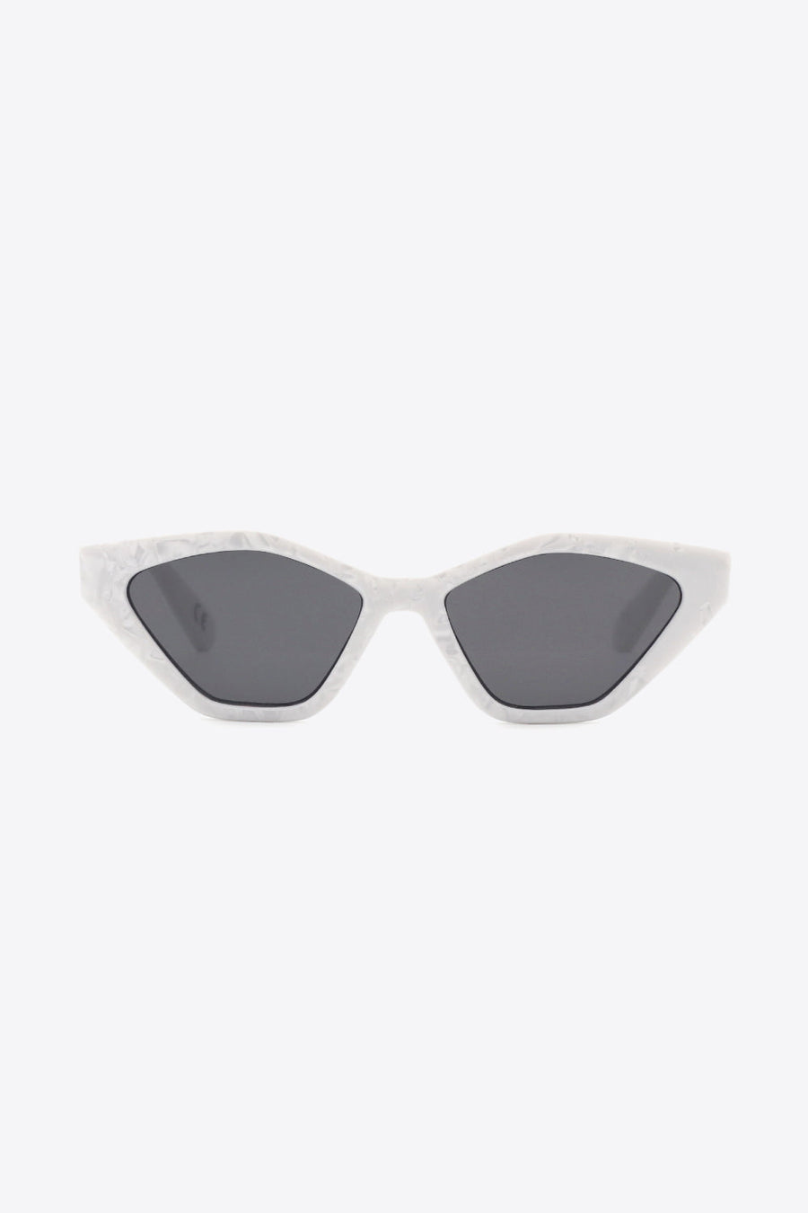 Geometric cat-eye sunglasses in light gray with dark lenses.