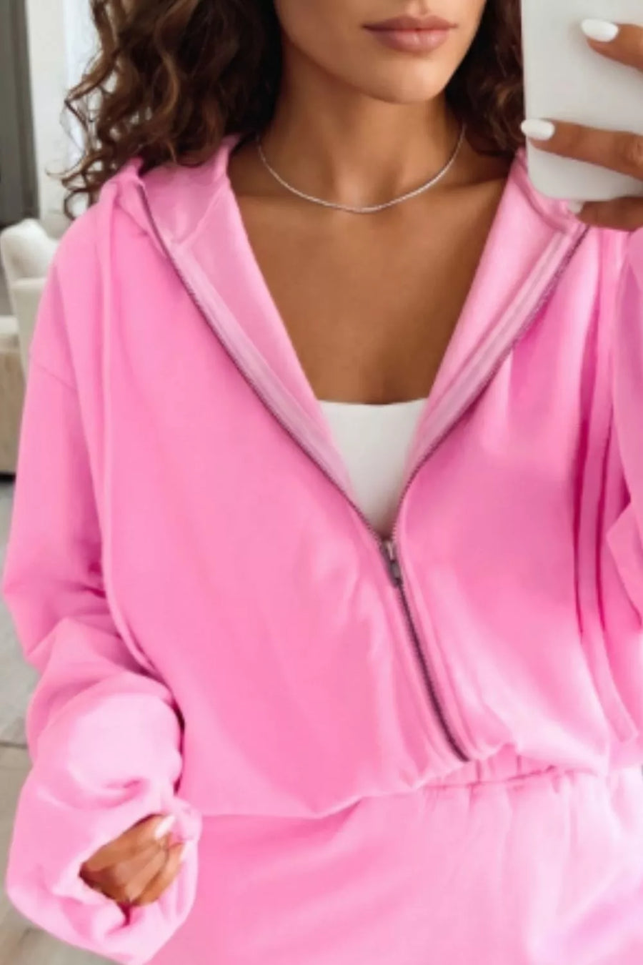 Pink with Zip-up One Piece Long Sleeve Hoodie in Pink