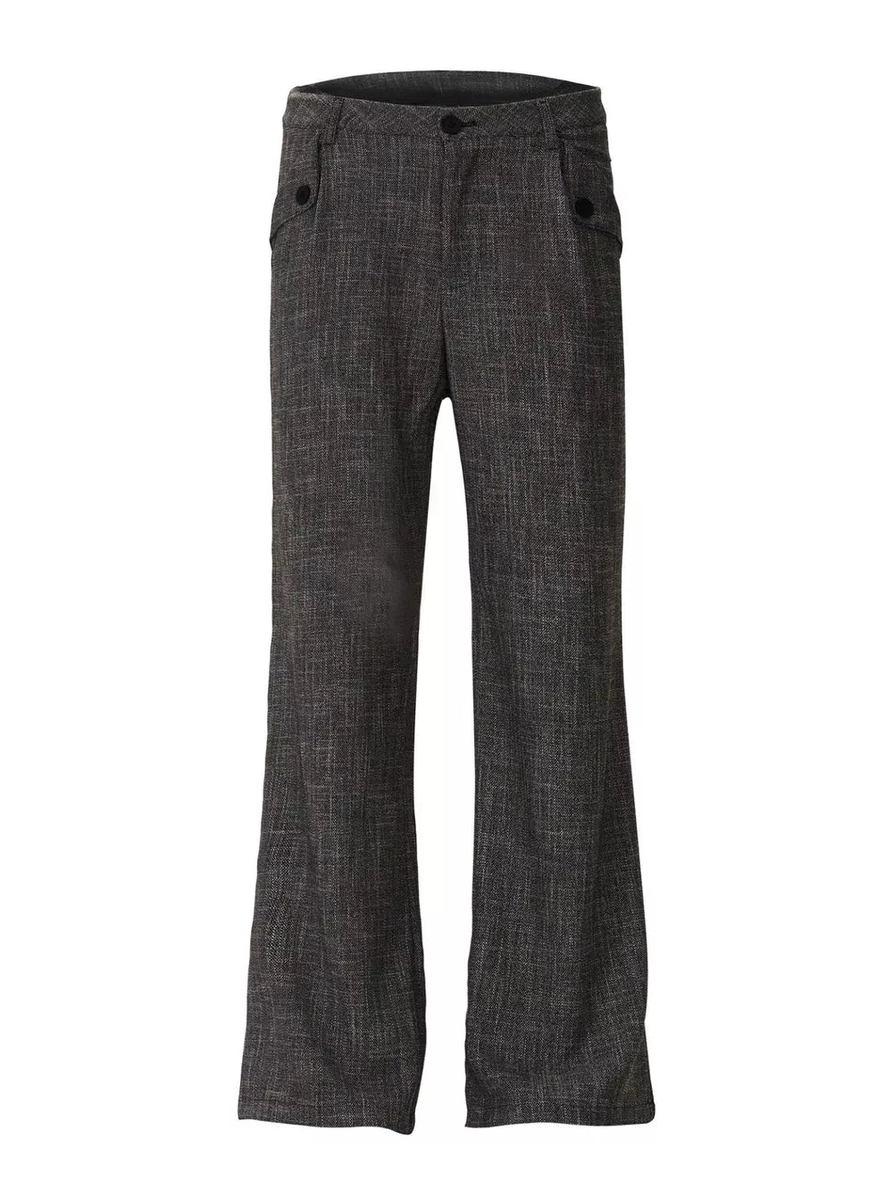 Men's dark gray textured flare sweatpants with button flap pockets.