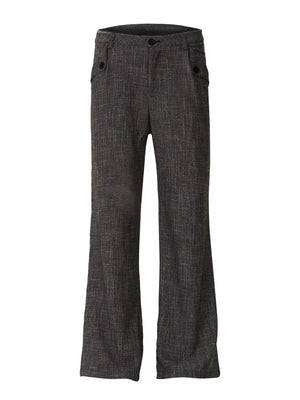 Men's dark gray textured flare sweatpants with button flap pockets.