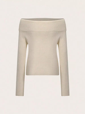 Beige with Ribbed Knit Off Shoulder Sweater in Beige