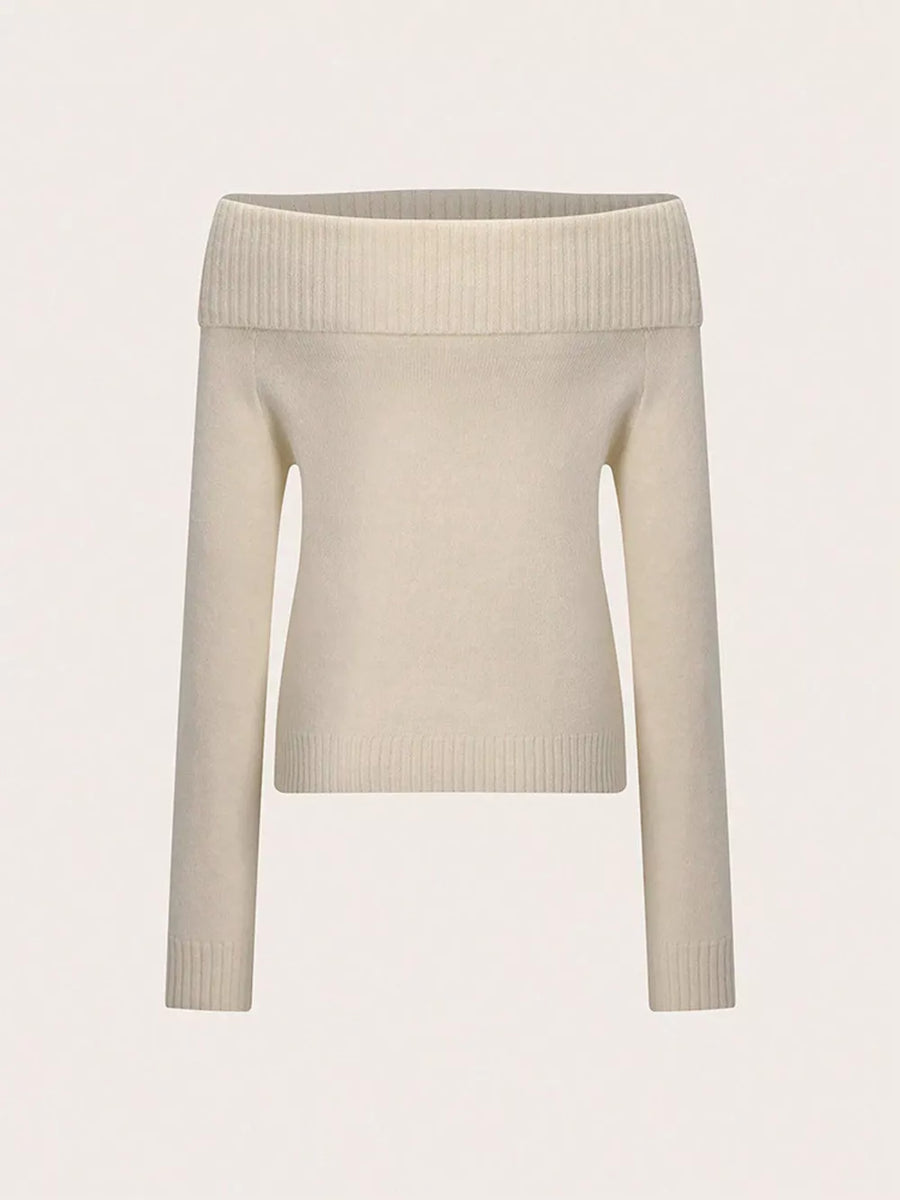 Beige with Ribbed Knit Off Shoulder Sweater in Beige
