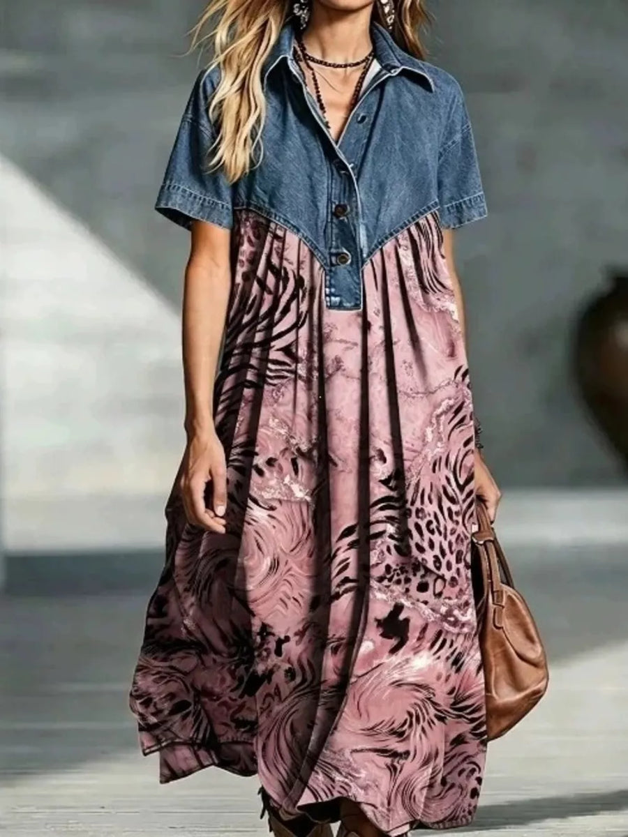 shirt dress featuring patchwork in Dusty Blue with 100% polyester Care instructions: Machine wash cold texture