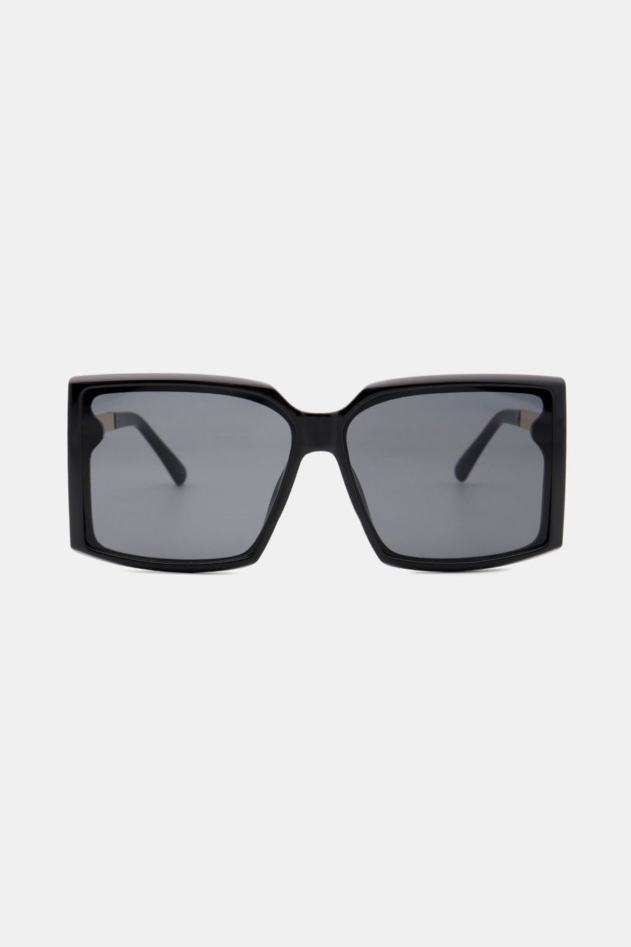 Black geometric sunglasses with gradient grey lenses and bold square frames.