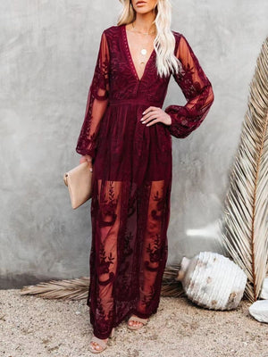 Burgundy floral lace maxi dress with V-neck, long sheer sleeves, and a high slit.