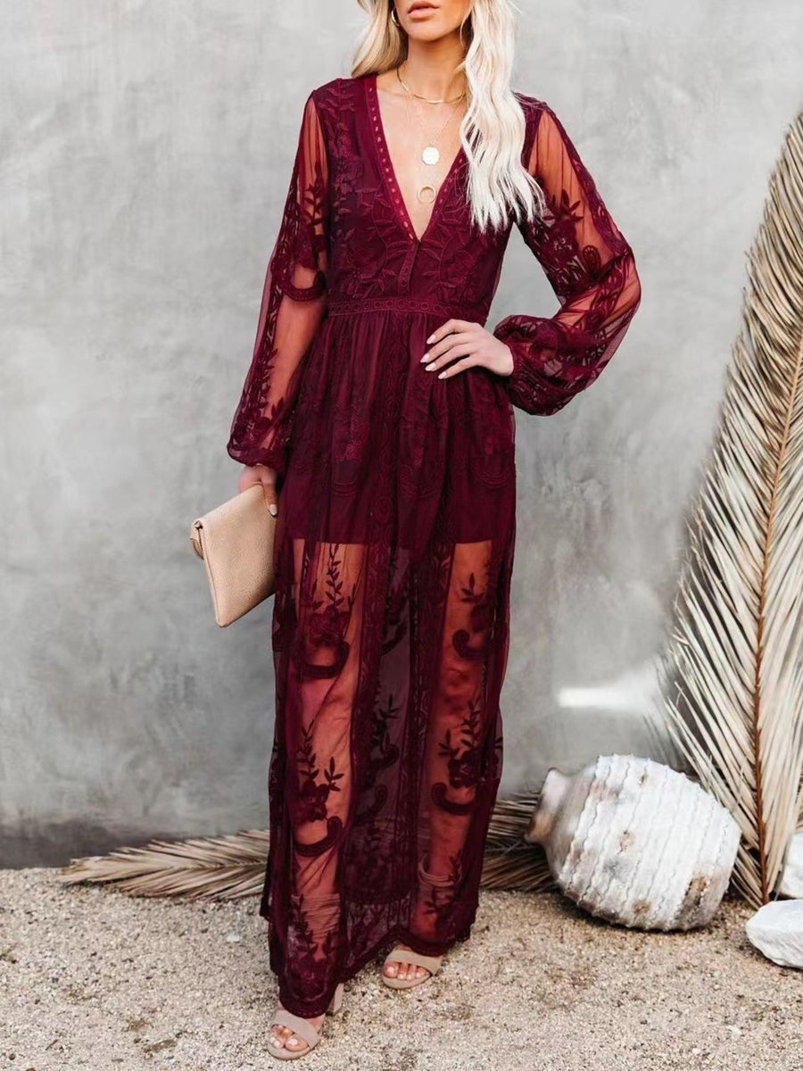 Burgundy floral lace maxi dress with V-neck, long sheer sleeves, and a high slit.