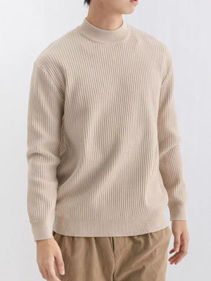 beige mock neck sweater with ribbed and mock neck