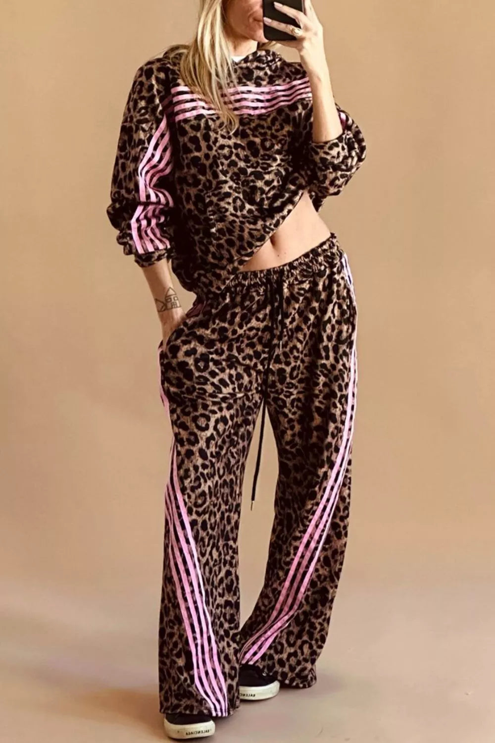 Leopard Print Striped Long Sleeve Top Pant Set in Coffee Brown