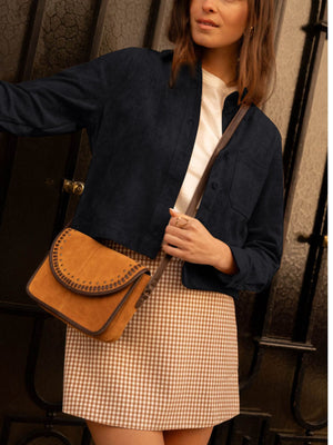 trucker jacket in Coffee Brown with buttoned and cropped