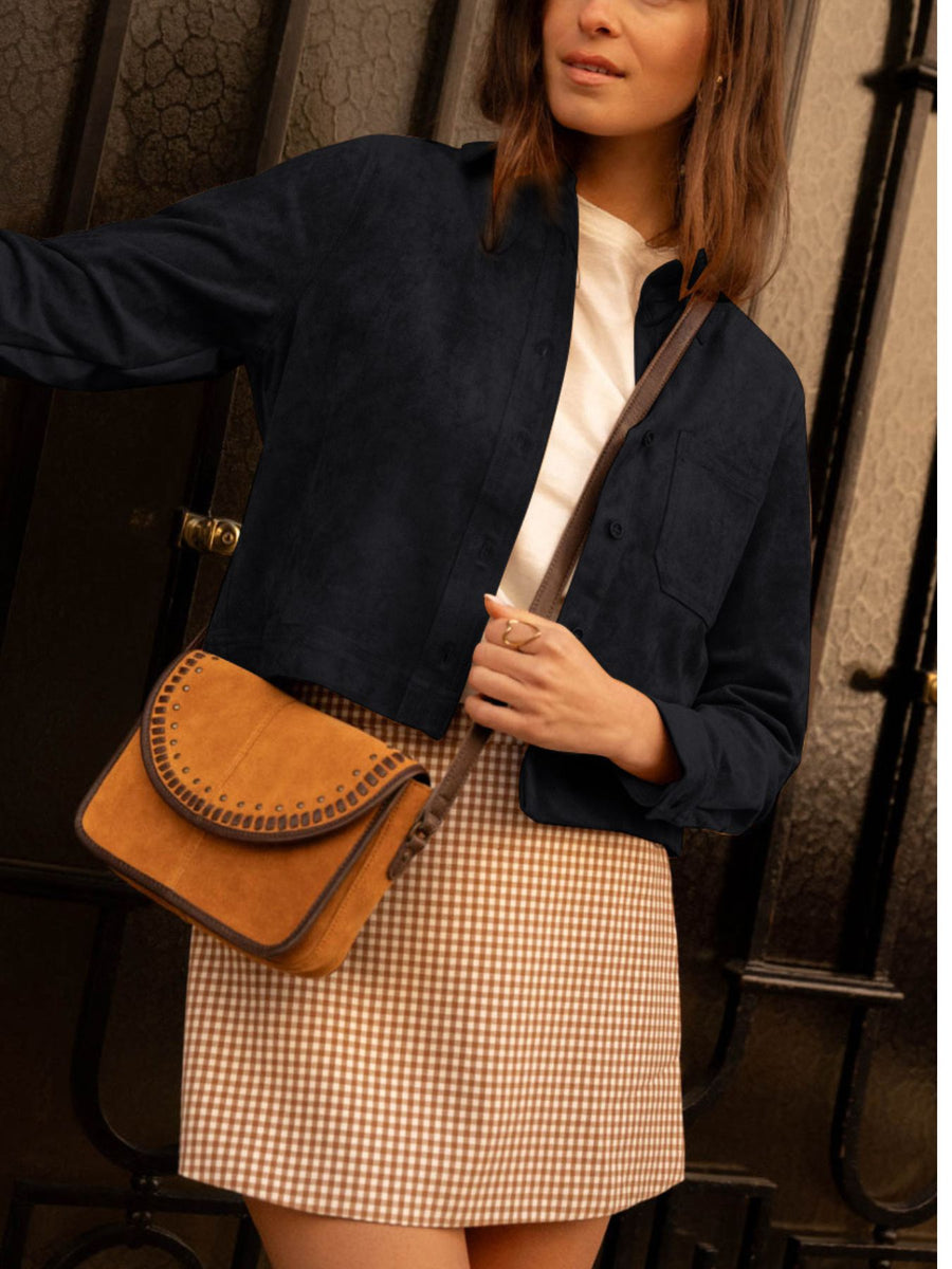 trucker jacket in Coffee Brown with buttoned and cropped