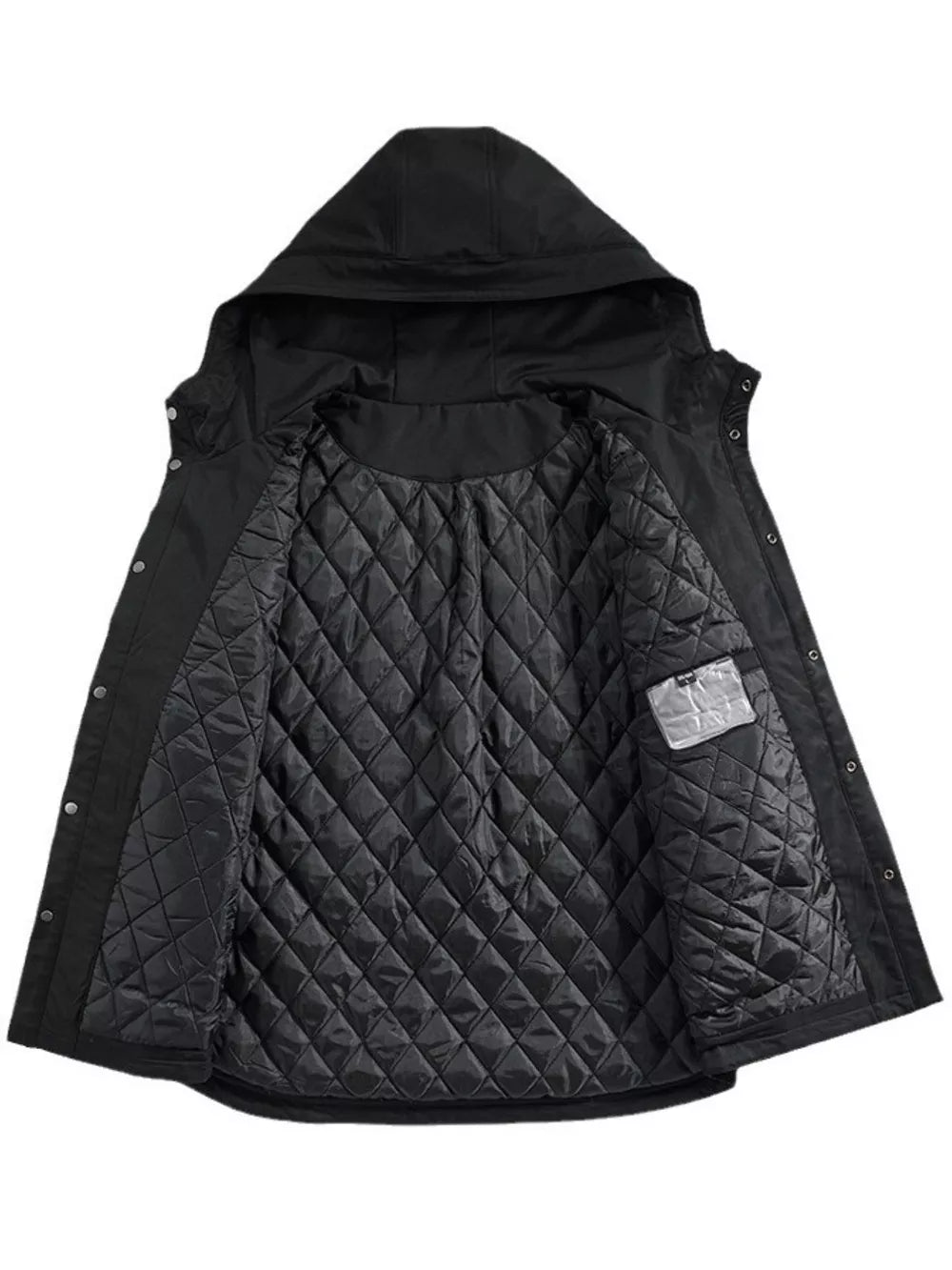 Black hooded jacket with quilted lining and snap-down front.