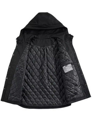 Black hooded jacket with quilted lining and snap-down front.