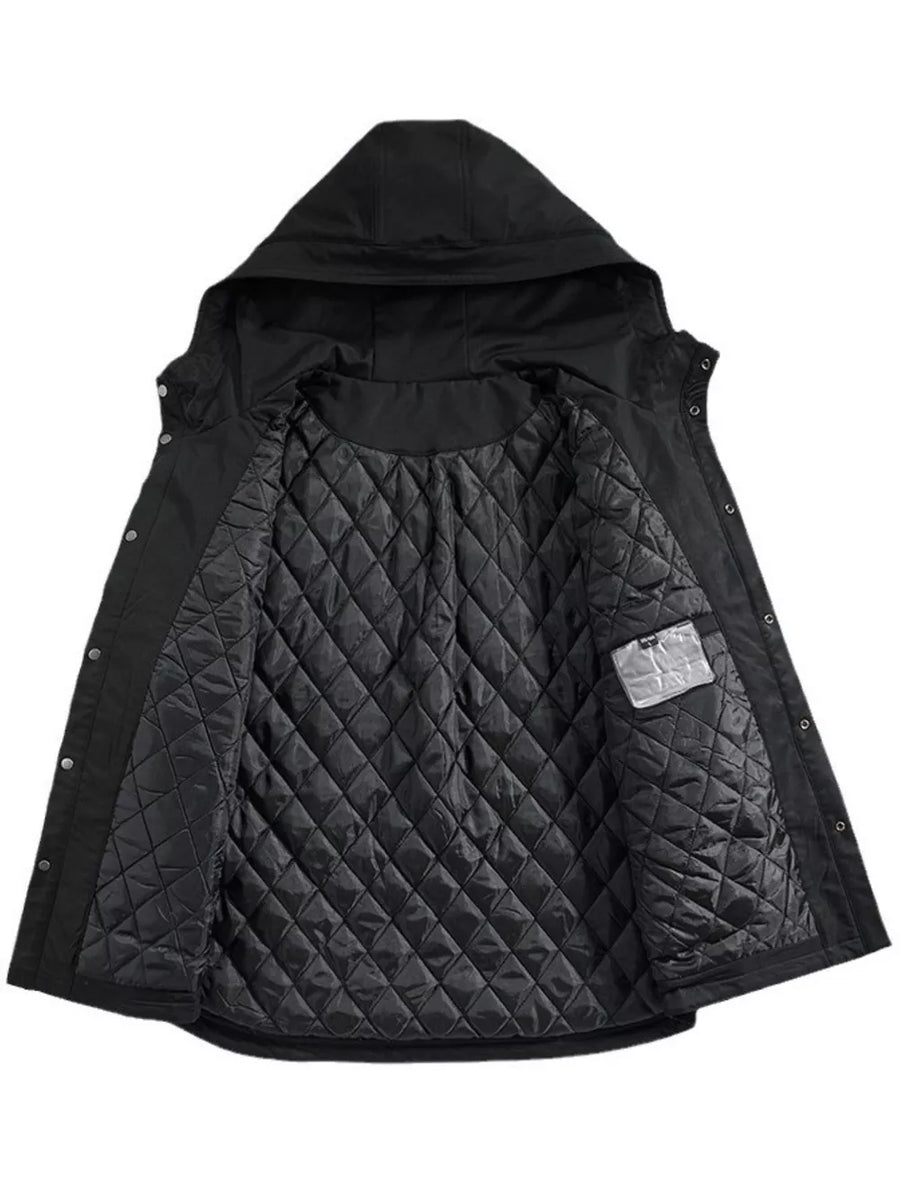 Black hooded jacket with quilted lining and snap-down front.