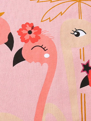 Pink cotton t-shirt with flamingo graphic and floral detail.