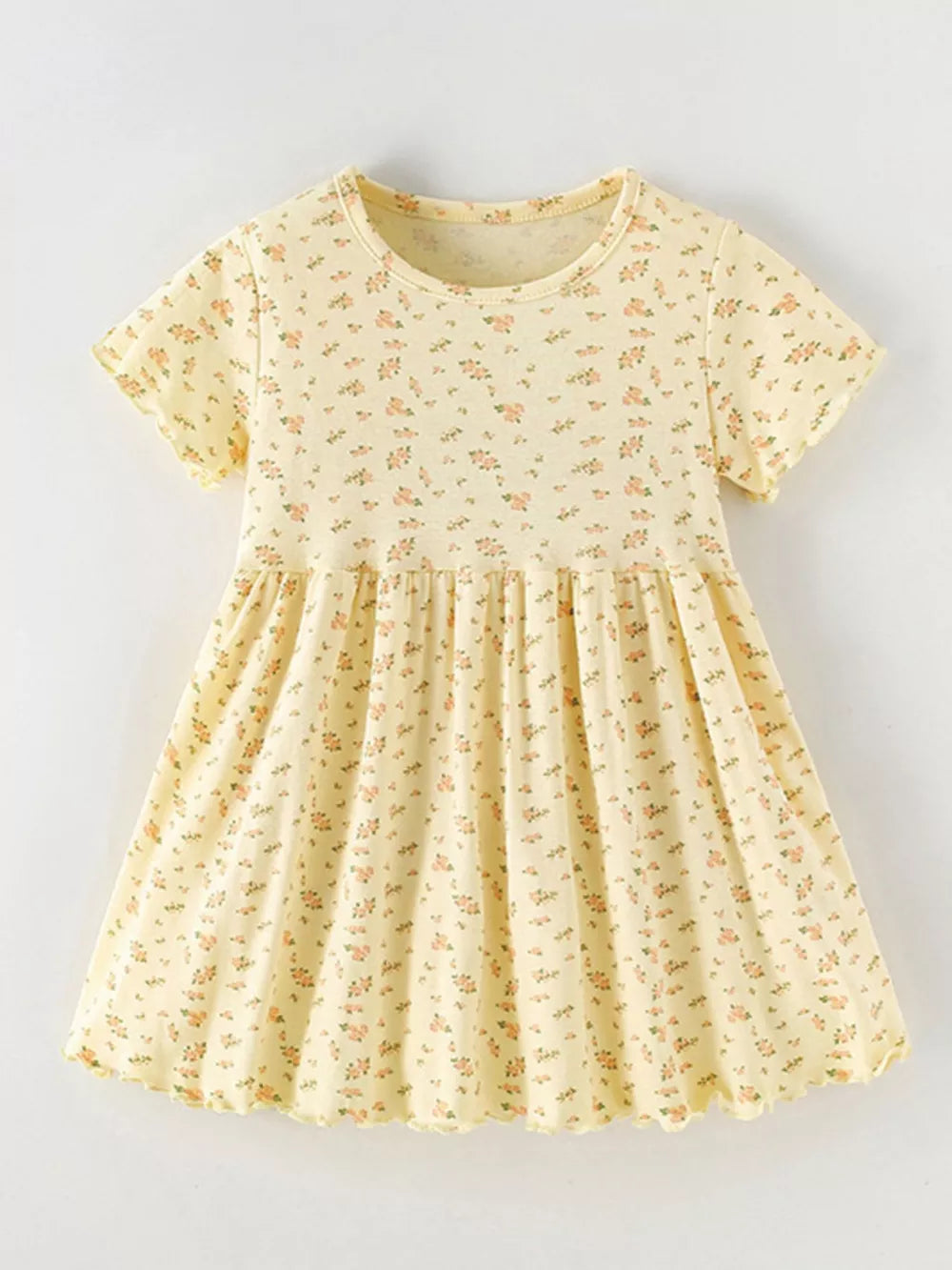 Yellow floral toddler dress with short sleeves and ruffled hem