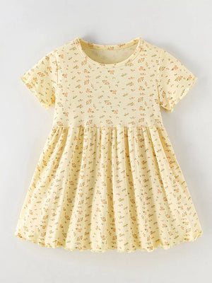Yellow floral toddler dress with short sleeves and ruffled hem