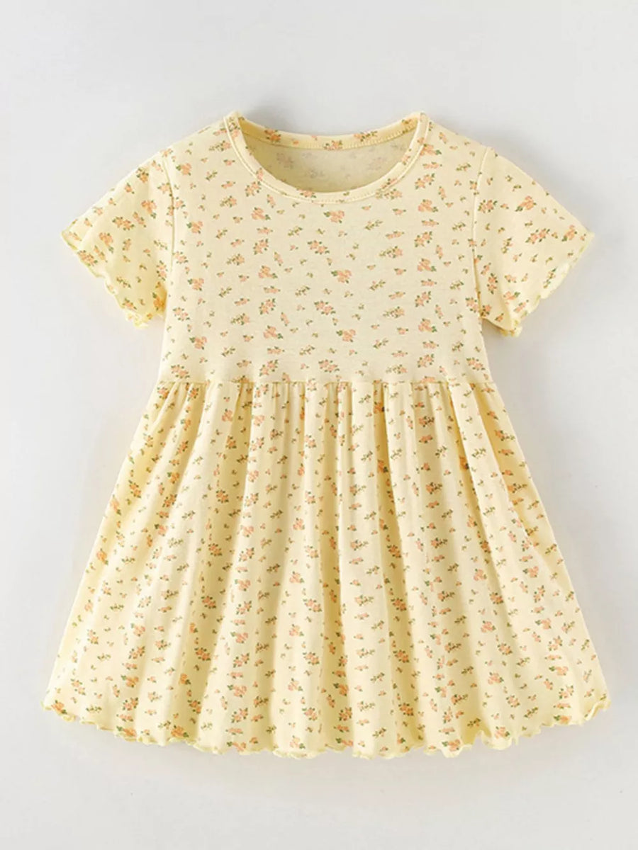 Yellow floral toddler dress with short sleeves and ruffled hem