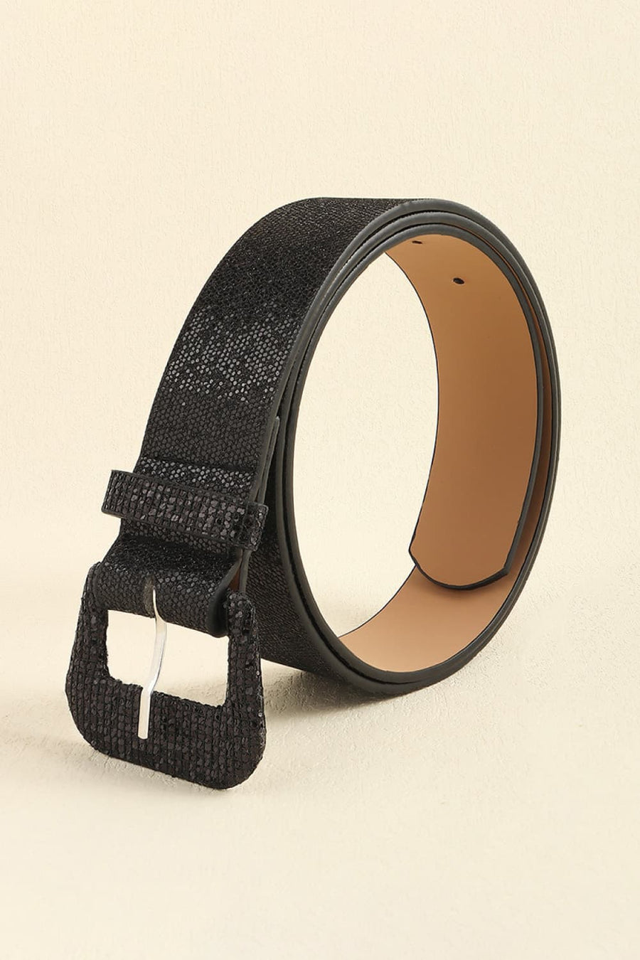Black glitter belt with square buckle and silver hardware detail.