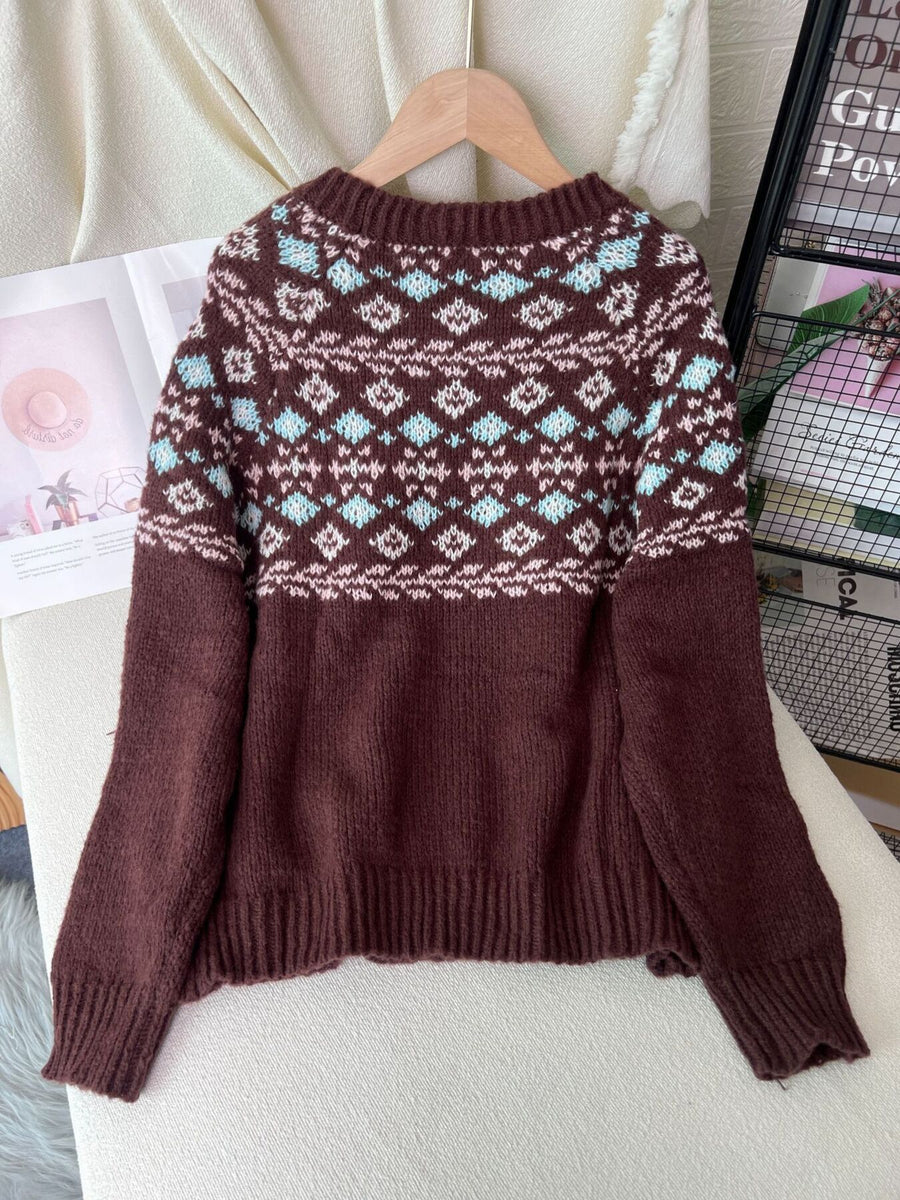 Fair Isle Patterned Round Neck Sweater in Brown