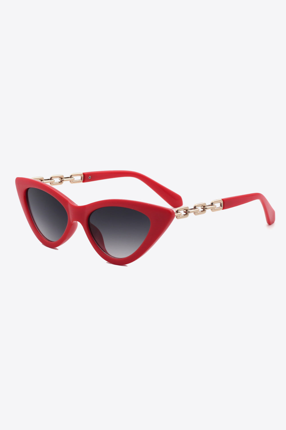 Chainlink cat-eye sunglasses in deep red with gold chain detail and gradient lenses