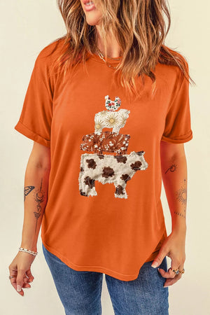 Orange crew neck tee with stacked farm animal graphic print