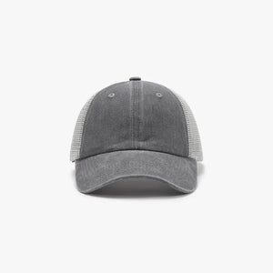 Vintage wash trucker hat in dark gray with a mesh back.