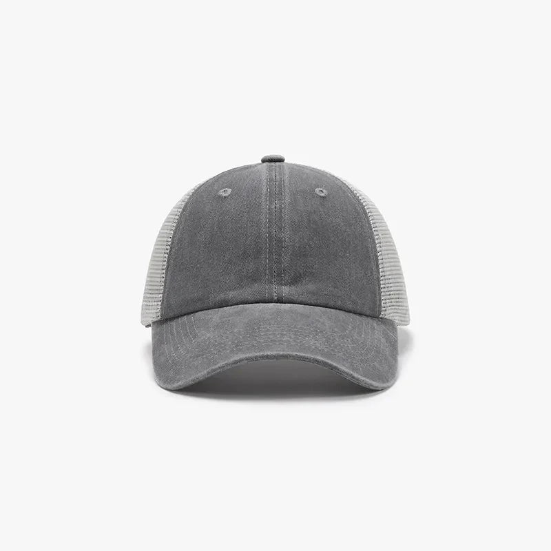 Vintage wash trucker hat in dark gray with a mesh back.