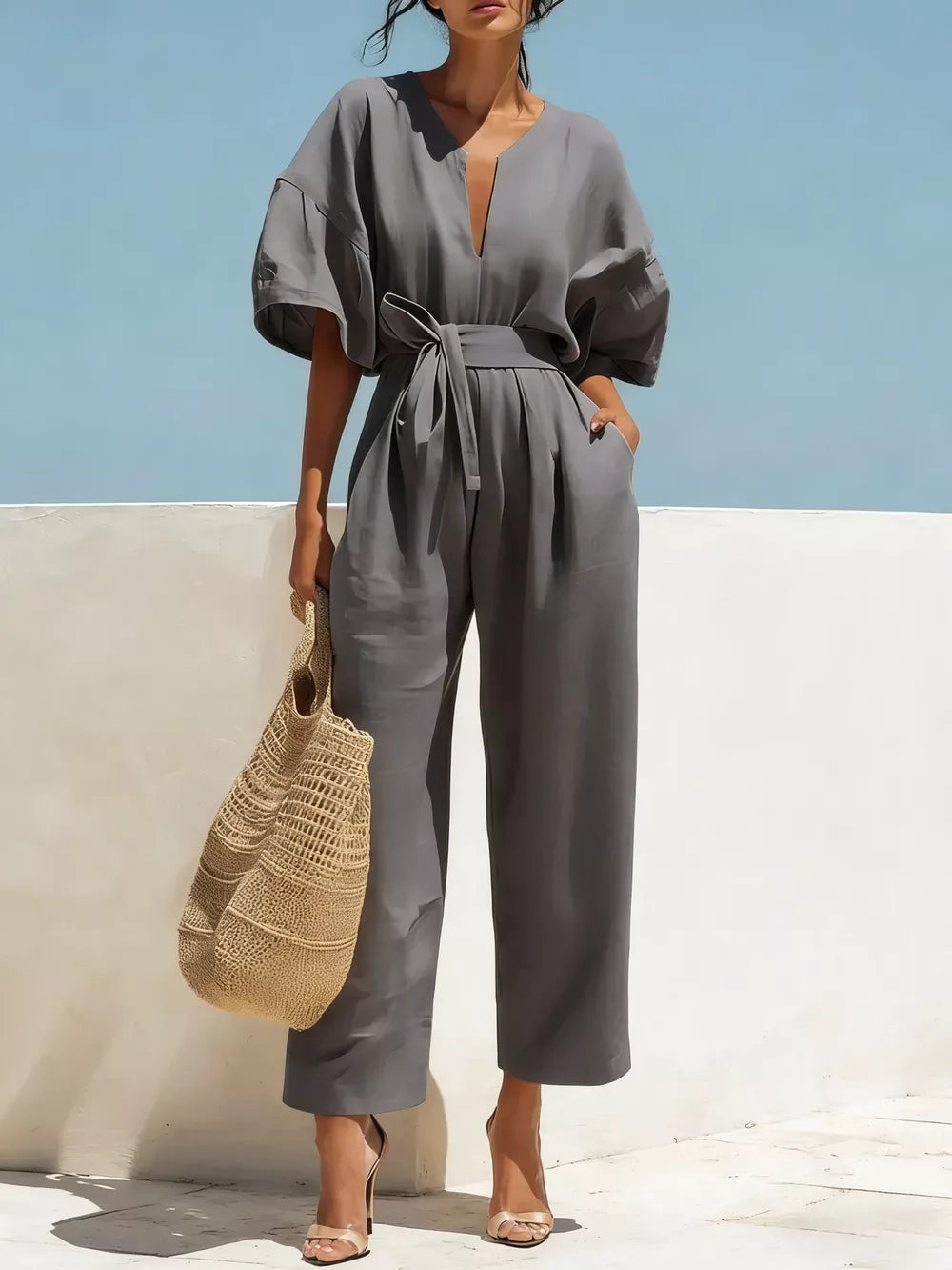 Tie Waist Wide Leg Jumpsuit in Black
