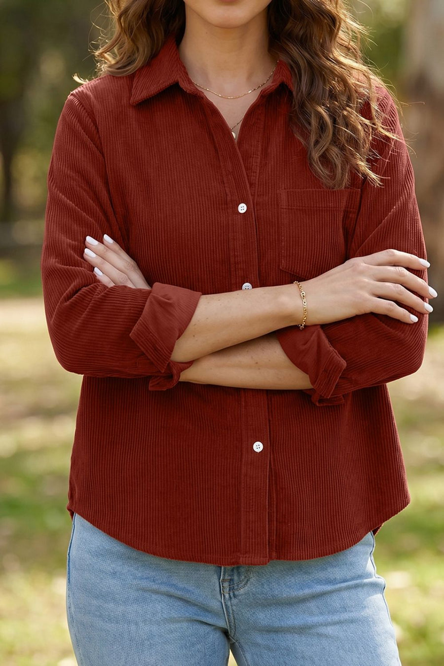 Burgundy button-up shirt with hip-length and button-front