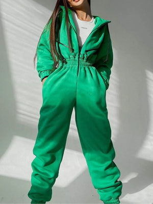 sky blue jumpsuit with full-length and zip-front