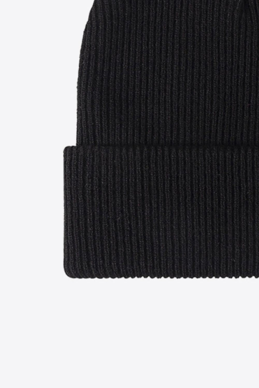Black ribbed knit beanie with a cuffed hem