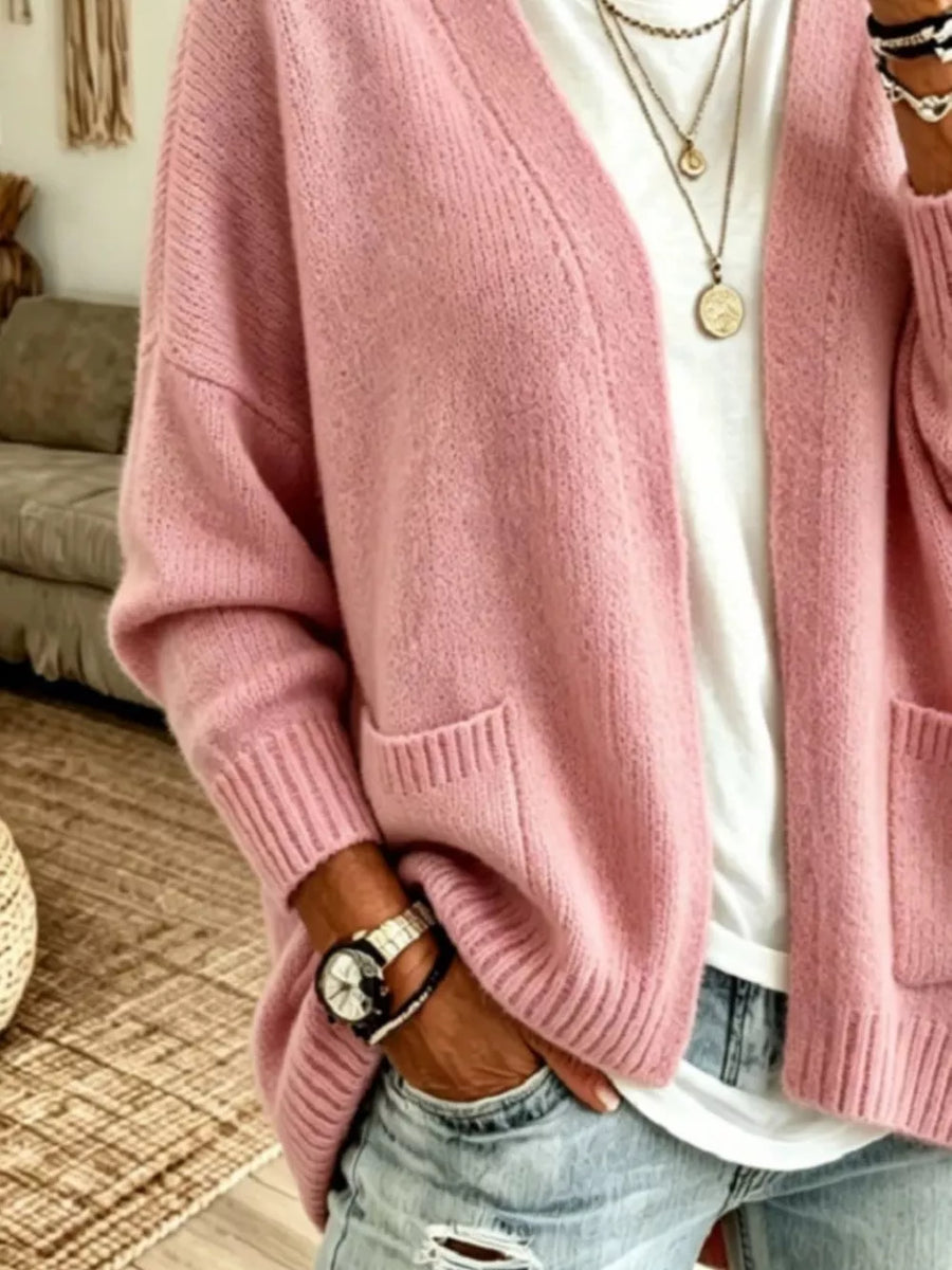 Black Open Front Knit Cardigan With Pockets