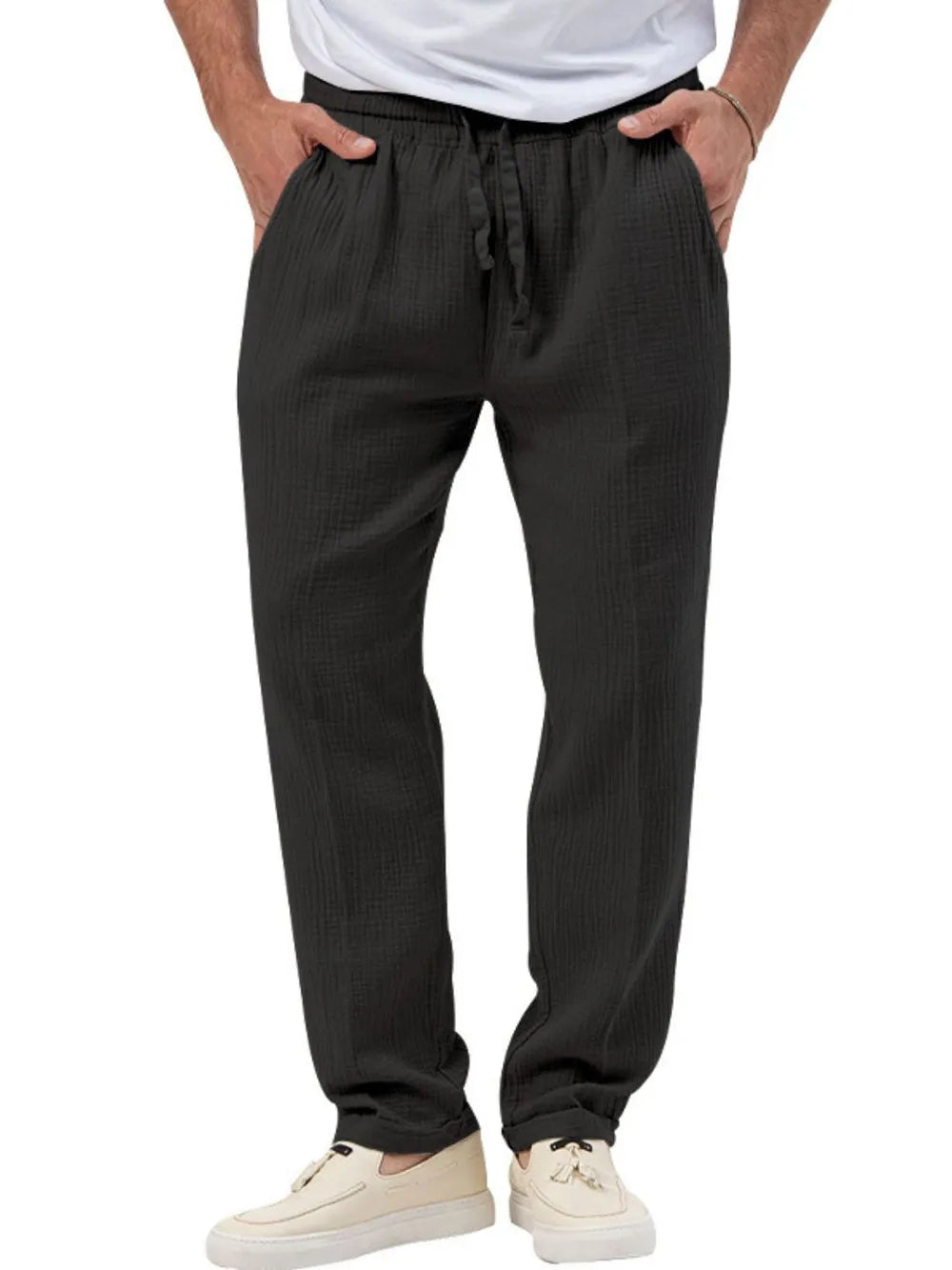 Black textured drawstring linen blend trousers with adjustable waist