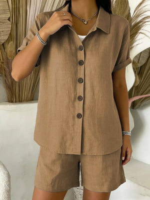 Grass Green Full Size Button-up Shirt And Shorts Set Plus Size