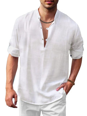 White linen henley shirt with mandarin collar and roll-up sleeves.
