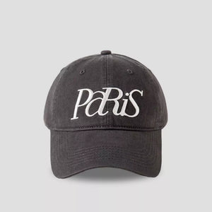 Dark grey baseball cap with white embroidered Paris text