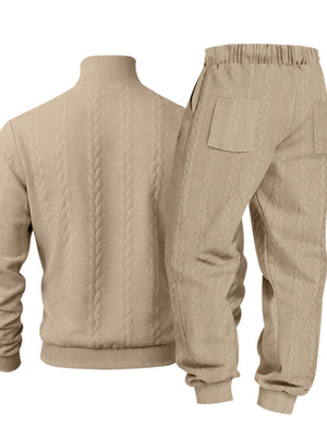 Men's Cable Knit Mock Neck Sweater And Joggers Set in Light Gray