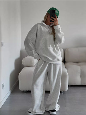 Quarter-zip Top And Wide-leg Sweatpants Set in pale yellow with oversized