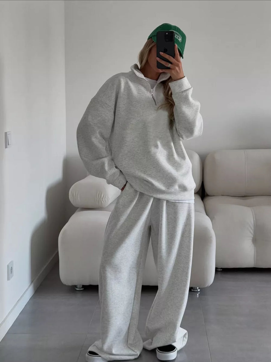 Quarter-zip Top And Wide-leg Sweatpants Set in pale yellow with oversized