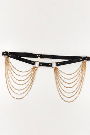 Black leather belt with cascading gold chains and gold hardware