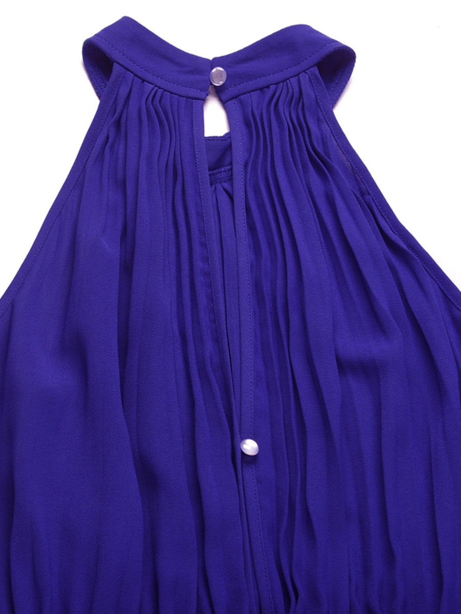 Halter neckline pleated jumpsuit in royal blue with keyhole and button detail.