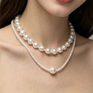 White with Elegant Double Layer Pearl Necklace in White