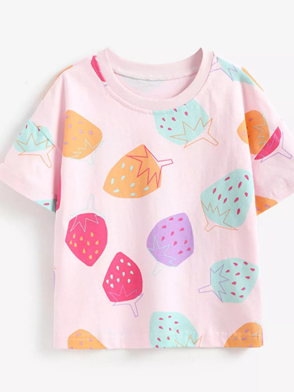 Pink cotton blend toddler t-shirt with a playful strawberry print and crew neck.