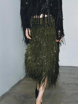 Fringe embellished two-piece outfit set with army green skirt and black sequin fringe jacket.