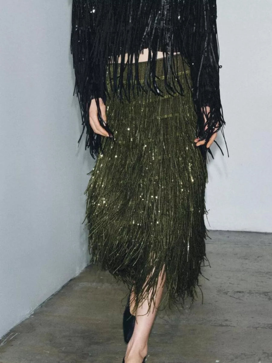 Fringe embellished two-piece outfit set with army green skirt and black sequin fringe jacket.