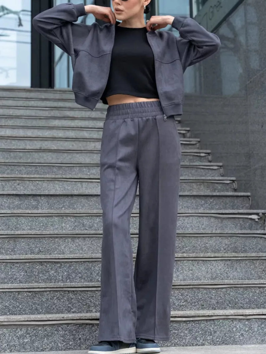 Zip Up Sweatshirt And Wide-leg Pants Set in Dark Gray with pocketed